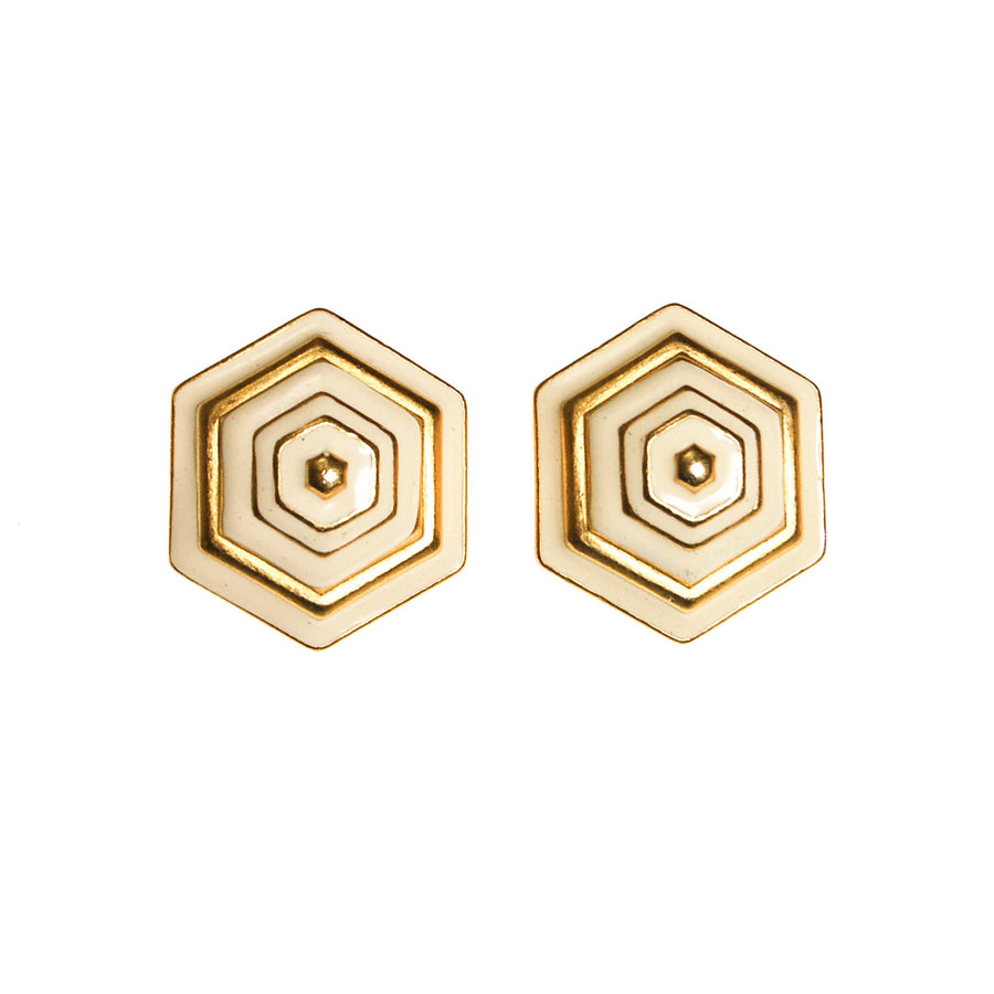 Erwin Pearl White and Gold Earrings, Hexagon, Clip On, 1980s, Designer Vintage Jewelry by Erwin Pearl - Vintage Meet Modern Vintage Jewelry - Chicago, Illinois - #oldhollywoodglamour #vintagemeetmodern #designervintage #jewelrybox #antiquejewelry #vintagejewelry