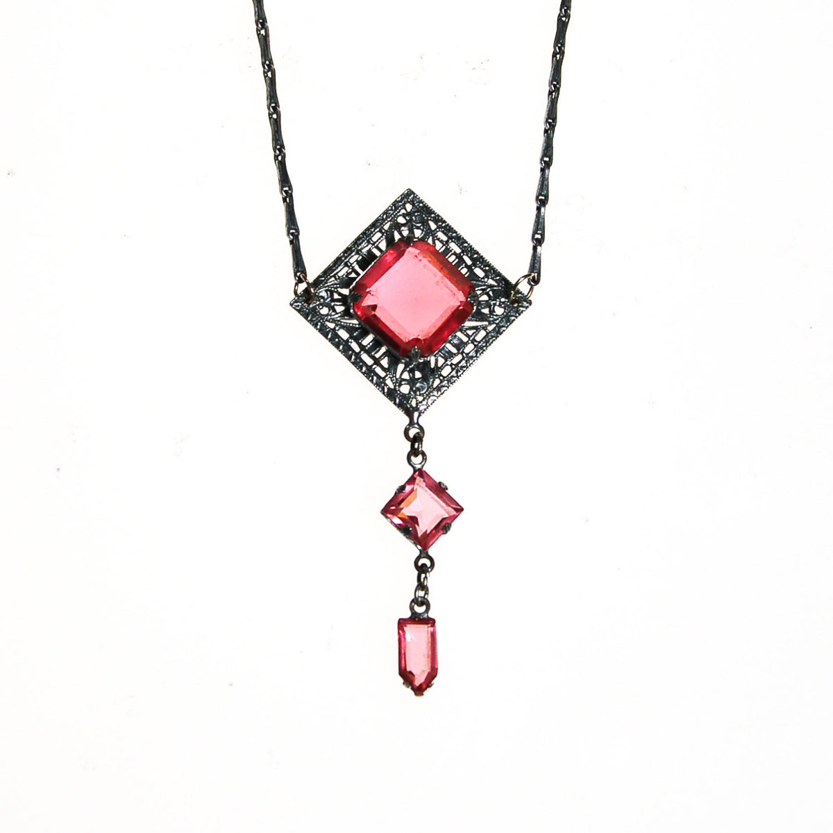 Art Deco Filigree and Pink Crystal Necklace