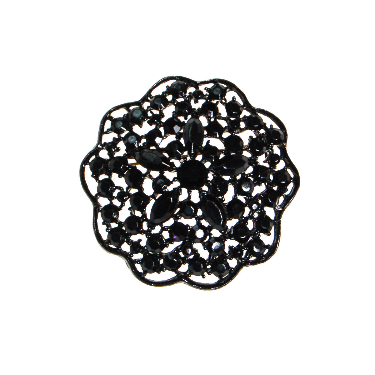 Black Rhinestone Medallion Brooch by MJ Lent