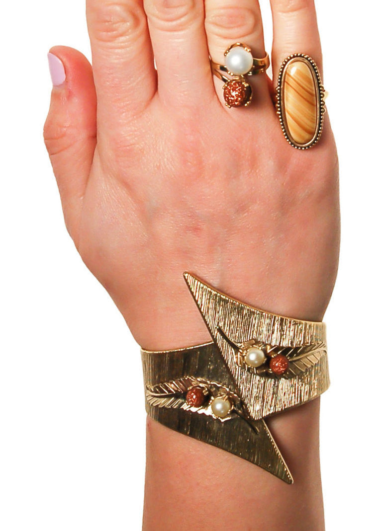 Gold Stone and Pearl Bypass Style Statement Ring, by Unsigned Beauty - Vintage Meet Modern Vintage Jewelry - Chicago, Illinois - #oldhollywoodglamour #vintagemeetmodern #designervintage #jewelrybox #antiquejewelry #vintagejewelry