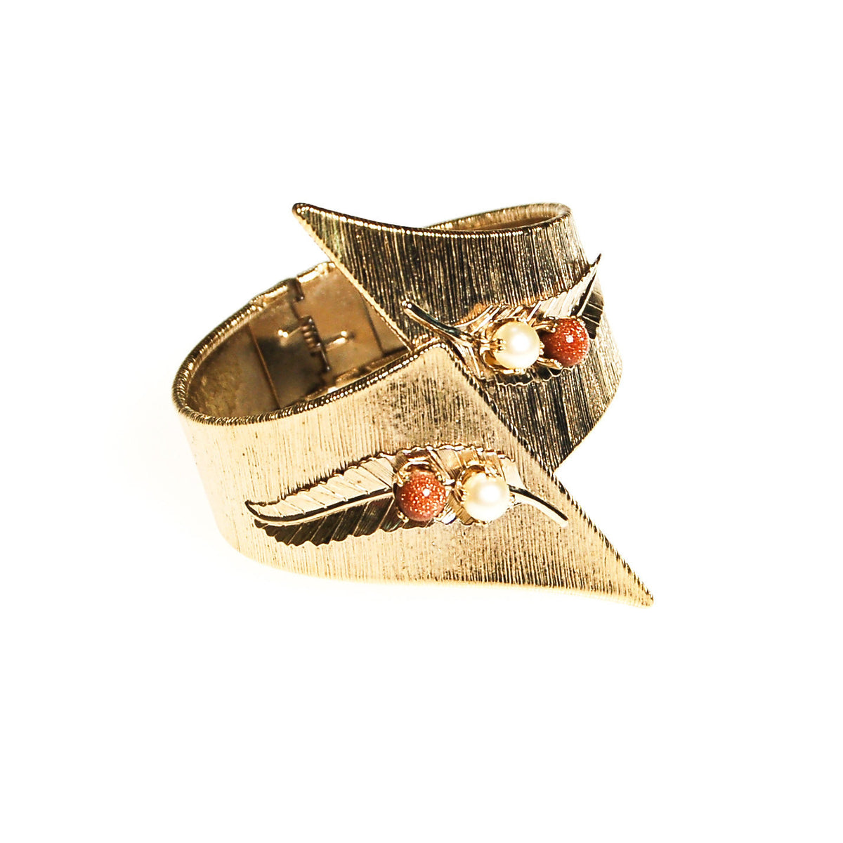 Mid Century Modern Statement Clamper Bracelet with Gold Stone and Pearl Beads