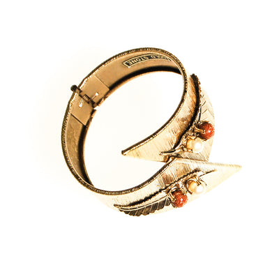 Mid Century Modern Statement Clamper Bracelet with Gold Stone and Pearl Beads by Unsigned Beauty - Vintage Meet Modern Vintage Jewelry - Chicago, Illinois - #oldhollywoodglamour #vintagemeetmodern #designervintage #jewelrybox #antiquejewelry #vintagejewelry