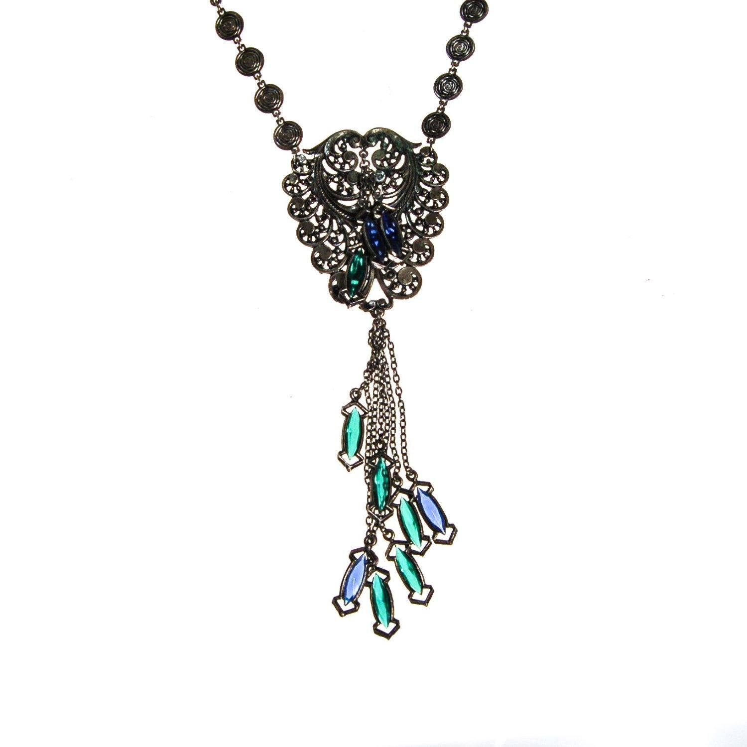 Victorian Gothic Statement Necklace with  Blue and Green Crystal Tassels by Unsigned Beauty - Vintage Meet Modern Vintage Jewelry - Chicago, Illinois - #oldhollywoodglamour #vintagemeetmodern #designervintage #jewelrybox #antiquejewelry #vintagejewelry