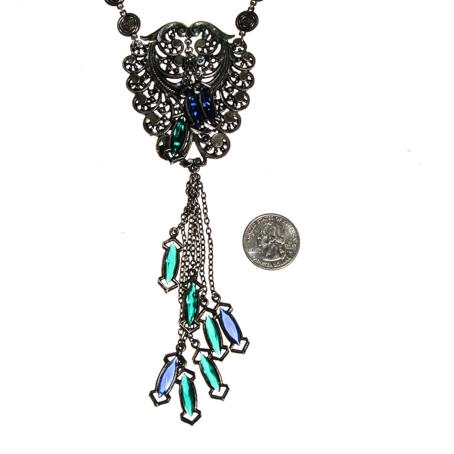 Victorian Gothic Statement Necklace with  Blue and Green Crystal Tassels by Unsigned Beauty - Vintage Meet Modern Vintage Jewelry - Chicago, Illinois - #oldhollywoodglamour #vintagemeetmodern #designervintage #jewelrybox #antiquejewelry #vintagejewelry