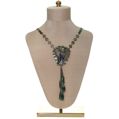 Victorian Gothic Statement Necklace with  Blue and Green Crystal Tassels by Unsigned Beauty - Vintage Meet Modern Vintage Jewelry - Chicago, Illinois - #oldhollywoodglamour #vintagemeetmodern #designervintage #jewelrybox #antiquejewelry #vintagejewelry