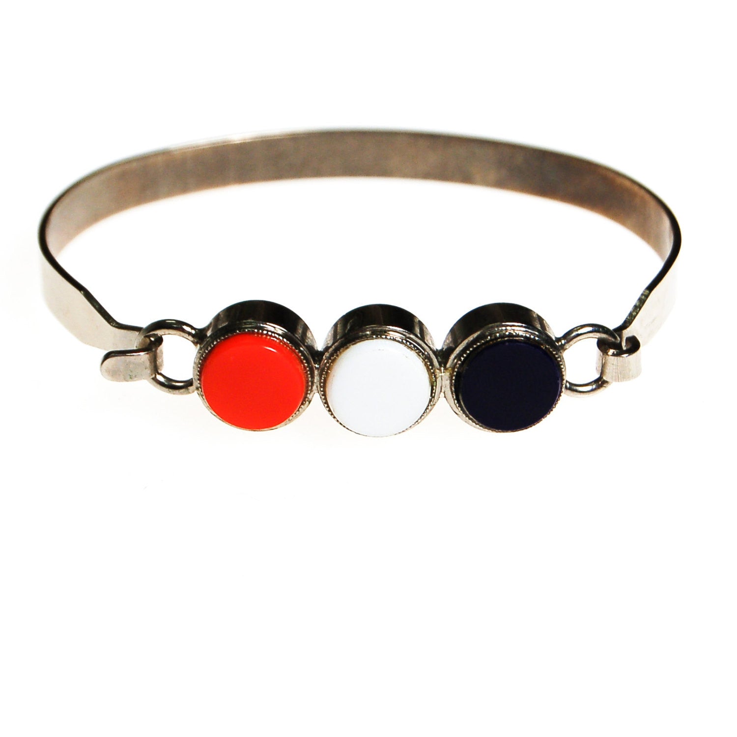 Red White and Blue Silver Bangle Bracelet, Mid Century Modern, Preppy, Americana, Patriotic, Summer Jewerly by Unsigned Beauty - Vintage Meet Modern Vintage Jewelry - Chicago, Illinois - #oldhollywoodglamour #vintagemeetmodern #designervintage #jewelrybox #antiquejewelry #vintagejewelry