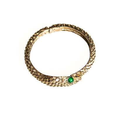 Gold Snake Bracelet with Emerald Green Eyes by Unsigned Beauty - Vintage Meet Modern Vintage Jewelry - Chicago, Illinois - #oldhollywoodglamour #vintagemeetmodern #designervintage #jewelrybox #antiquejewelry #vintagejewelry