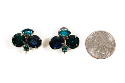 Peacock Blue Green Triplet Rhinestone Earrings by Unsigned Beauty - Vintage Meet Modern Vintage Jewelry - Chicago, Illinois - #oldhollywoodglamour #vintagemeetmodern #designervintage #jewelrybox #antiquejewelry #vintagejewelry