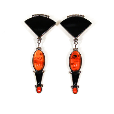 Onyx, Amber, Coral Statement Earrings, Sterling Silver, Artisan, Made in Mexico, Clip, Dangle, Drop by Mexico - Vintage Meet Modern Vintage Jewelry - Chicago, Illinois - #oldhollywoodglamour #vintagemeetmodern #designervintage #jewelrybox #antiquejewelry #vintagejewelry