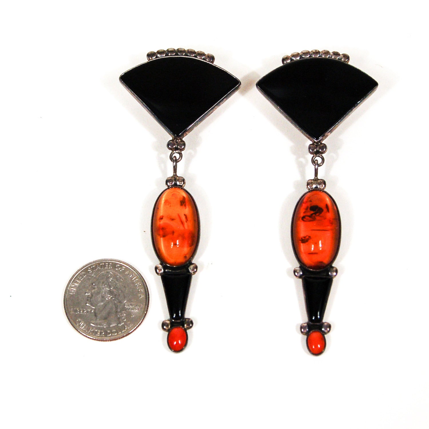Onyx, Amber, Coral Statement Earrings, Sterling Silver, Artisan, Made in Mexico, Clip, Dangle, Drop by Mexico - Vintage Meet Modern Vintage Jewelry - Chicago, Illinois - #oldhollywoodglamour #vintagemeetmodern #designervintage #jewelrybox #antiquejewelry #vintagejewelry