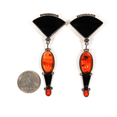 Onyx, Amber, Coral Statement Earrings, Sterling Silver, Artisan, Made in Mexico, Clip, Dangle, Drop by Mexico - Vintage Meet Modern Vintage Jewelry - Chicago, Illinois - #oldhollywoodglamour #vintagemeetmodern #designervintage #jewelrybox #antiquejewelry #vintagejewelry