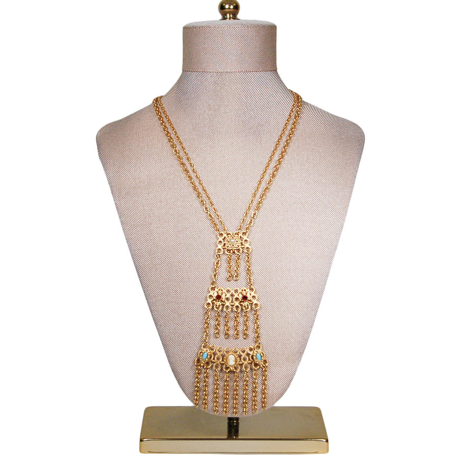 Florenza Tassel Necklace, Victorian Revival accented with Garnet Rhinestones, Turquoise, Pearls, Cameo by Florenza - Vintage Meet Modern Vintage Jewelry - Chicago, Illinois - #oldhollywoodglamour #vintagemeetmodern #designervintage #jewelrybox #antiquejewelry #vintagejewelry
