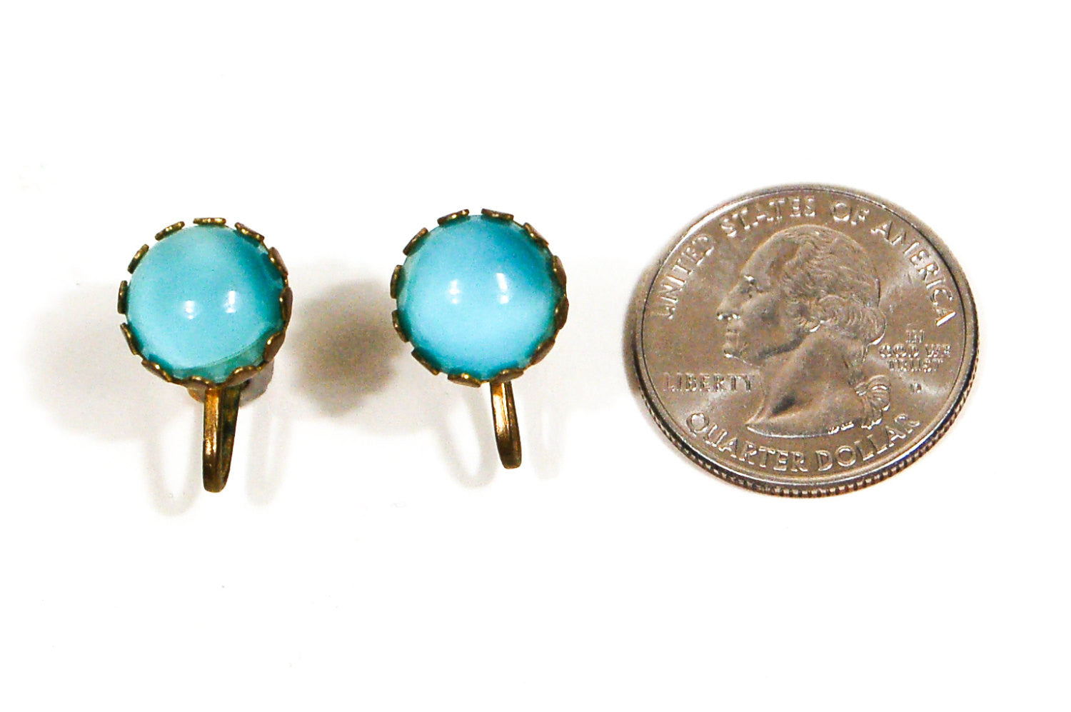 Art Deco Light Blue Glass Earrings set in Antique Gold Tone by Art Deco Era - Vintage Meet Modern Vintage Jewelry - Chicago, Illinois - #oldhollywoodglamour #vintagemeetmodern #designervintage #jewelrybox #antiquejewelry #vintagejewelry