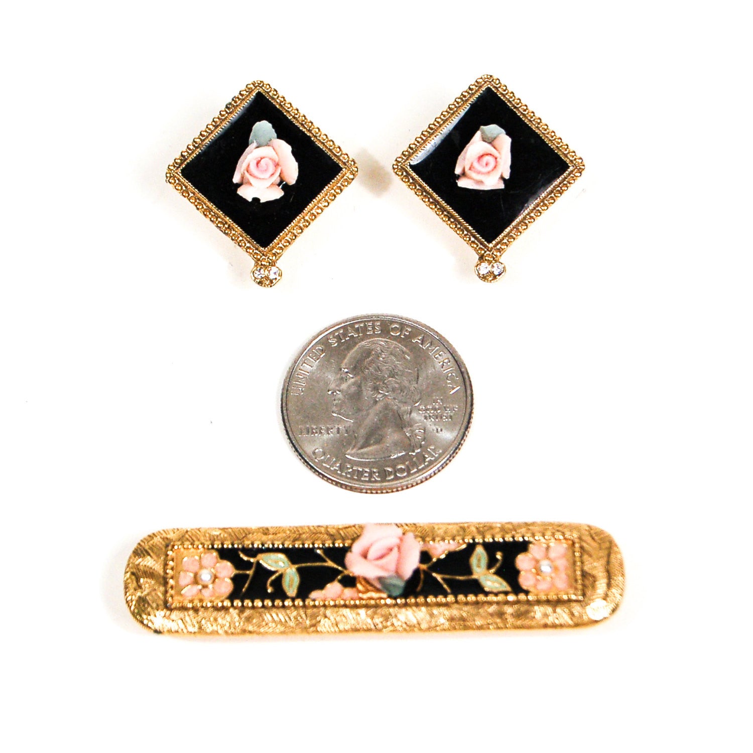 Art Deco Pink Rose and Pearl Bar Pin Brooch and Earring Set by Unsigned Beauty - Vintage Meet Modern Vintage Jewelry - Chicago, Illinois - #oldhollywoodglamour #vintagemeetmodern #designervintage #jewelrybox #antiquejewelry #vintagejewelry