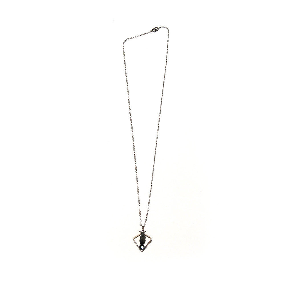 Minimalist and Mod Hematite and Feather Pendant Necklace by Unsigned Beauty - Vintage Meet Modern Vintage Jewelry - Chicago, Illinois - #oldhollywoodglamour #vintagemeetmodern #designervintage #jewelrybox #antiquejewelry #vintagejewelry