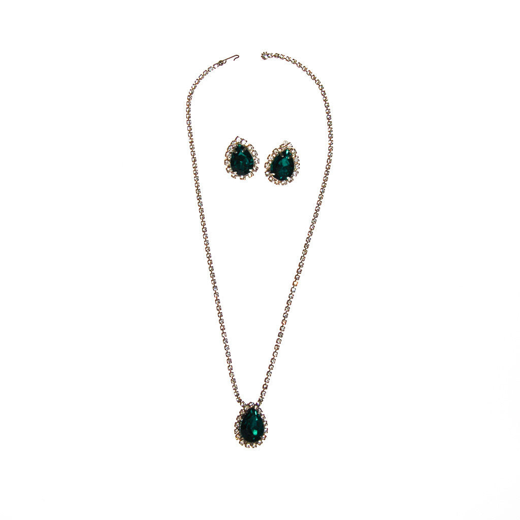 Emerald Green Rhinestones Necklace and Earrings Set