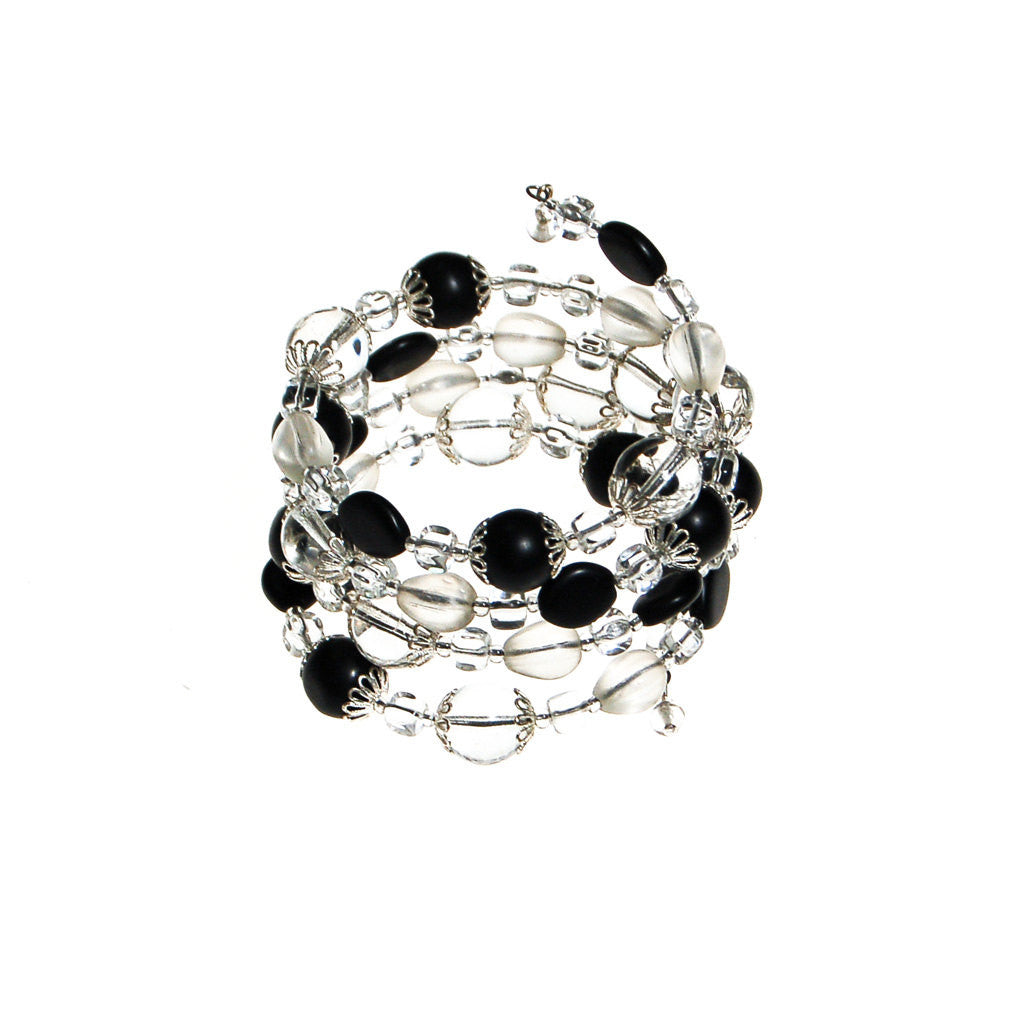 Black and Clear Glass Beaded Coil Bracelet by Unsigned Beauty - Vintage Meet Modern Vintage Jewelry - Chicago, Illinois - #oldhollywoodglamour #vintagemeetmodern #designervintage #jewelrybox #antiquejewelry #vintagejewelry