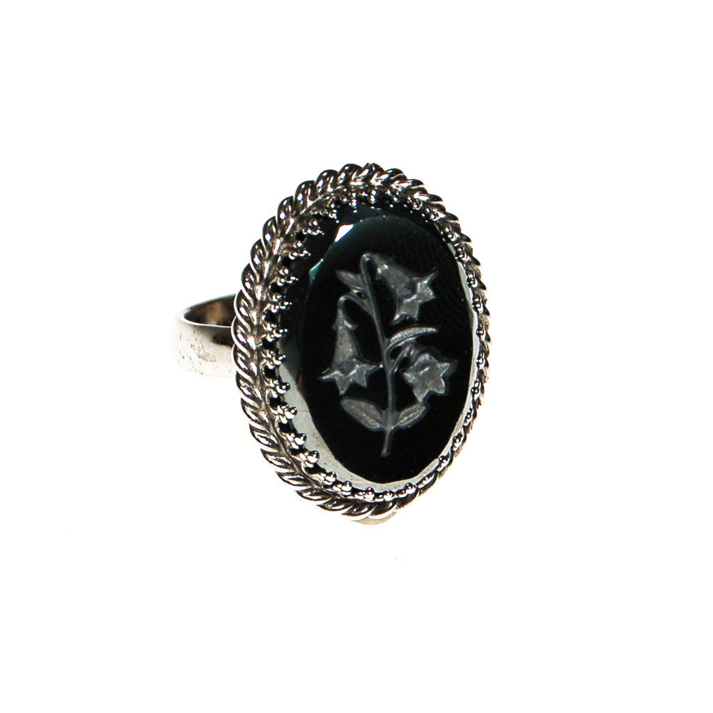 Whiting and Davis Gilded Lily Etched Hematite Statement Ring