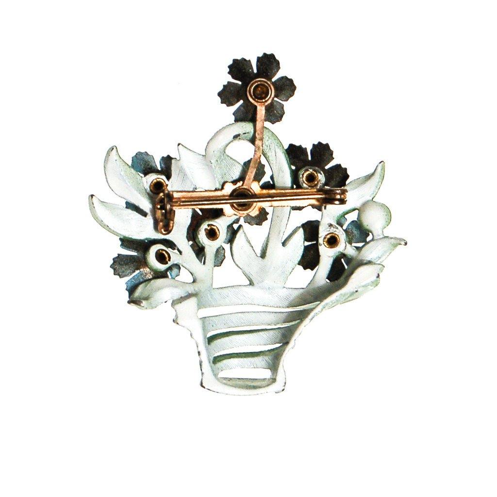 Vintage Blue Flowers in the Basket Painted Enamel Brooch by Unsigned Beauty - Vintage Meet Modern Vintage Jewelry - Chicago, Illinois - #oldhollywoodglamour #vintagemeetmodern #designervintage #jewelrybox #antiquejewelry #vintagejewelry