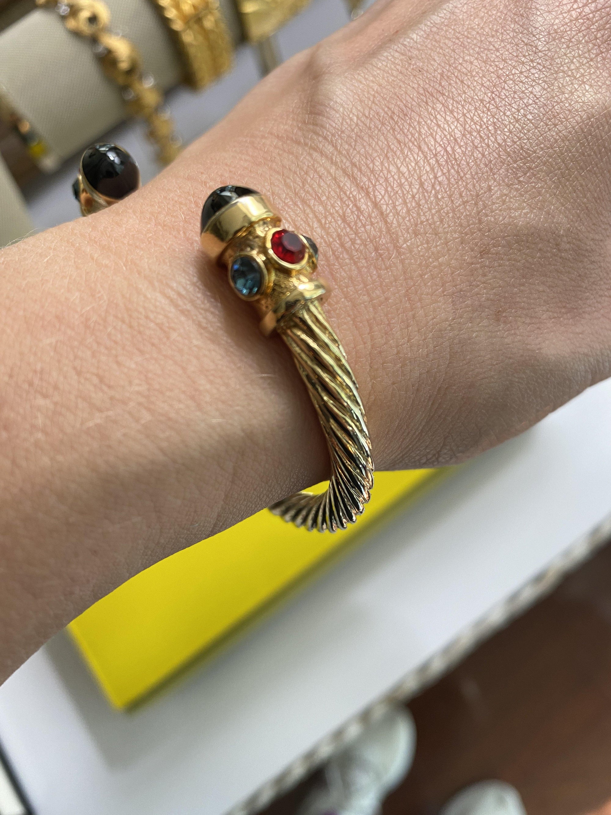 Vintage Mogul Style Gold Cable Bracelet with Cabochons by Unsigned Beauty - Vintage Meet Modern Vintage Jewelry - Chicago, Illinois - #oldhollywoodglamour #vintagemeetmodern #designervintage #jewelrybox #antiquejewelry #vintagejewelry