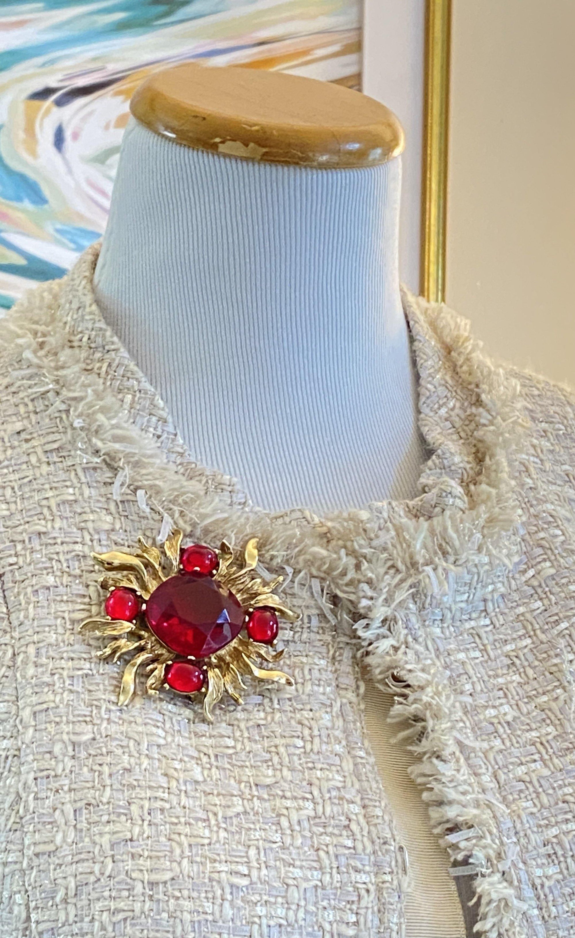 Vintage Ruby Red Crystal Flame Brooch by Unsigned Beauty - Vintage Meet Modern Vintage Jewelry - Chicago, Illinois - #oldhollywoodglamour #vintagemeetmodern #designervintage #jewelrybox #antiquejewelry #vintagejewelry