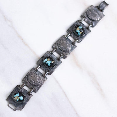 Vintage Victorian Gothic Embossed Panel Bracelet with Turquoise, Gold Speckled Lucite Cabochons by Unsigned Beauty - Vintage Meet Modern Vintage Jewelry - Chicago, Illinois - #oldhollywoodglamour #vintagemeetmodern #designervintage #jewelrybox #antiquejewelry #vintagejewelry