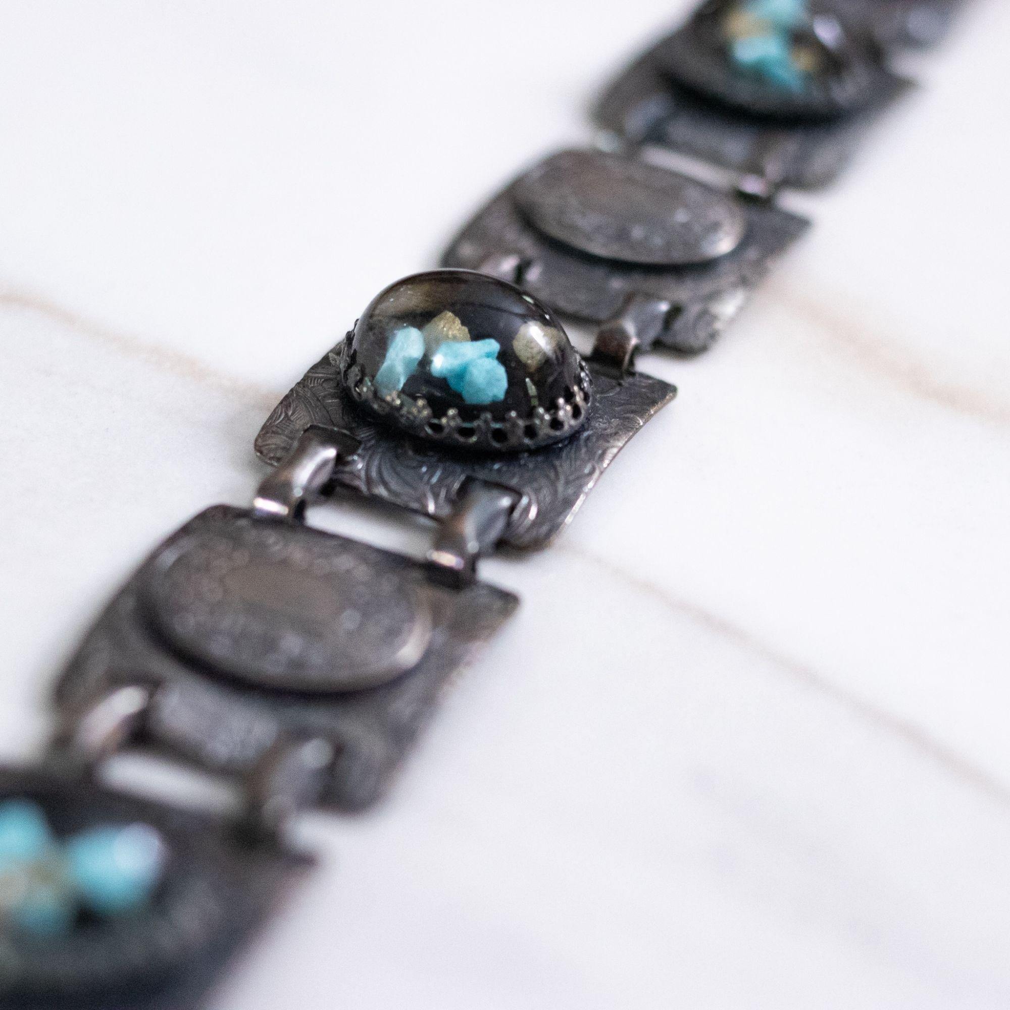 Vintage Victorian Gothic Embossed Panel Bracelet with Turquoise, Gold Speckled Lucite Cabochons by Unsigned Beauty - Vintage Meet Modern Vintage Jewelry - Chicago, Illinois - #oldhollywoodglamour #vintagemeetmodern #designervintage #jewelrybox #antiquejewelry #vintagejewelry