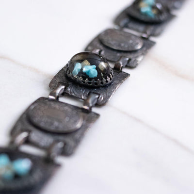 Vintage Victorian Gothic Embossed Panel Bracelet with Turquoise, Gold Speckled Lucite Cabochons by Unsigned Beauty - Vintage Meet Modern Vintage Jewelry - Chicago, Illinois - #oldhollywoodglamour #vintagemeetmodern #designervintage #jewelrybox #antiquejewelry #vintagejewelry