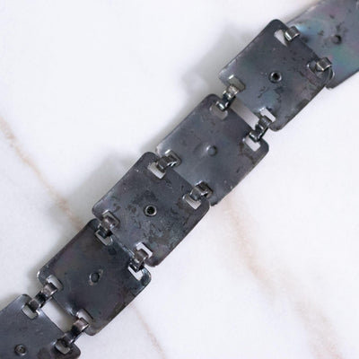 Vintage Victorian Gothic Embossed Panel Bracelet with Turquoise, Gold Speckled Lucite Cabochons by Unsigned Beauty - Vintage Meet Modern Vintage Jewelry - Chicago, Illinois - #oldhollywoodglamour #vintagemeetmodern #designervintage #jewelrybox #antiquejewelry #vintagejewelry