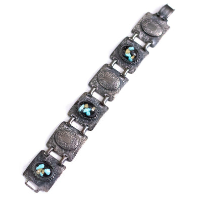Vintage Victorian Gothic Embossed Panel Bracelet with Turquoise, Gold Speckled Lucite Cabochons by Unsigned Beauty - Vintage Meet Modern Vintage Jewelry - Chicago, Illinois - #oldhollywoodglamour #vintagemeetmodern #designervintage #jewelrybox #antiquejewelry #vintagejewelry