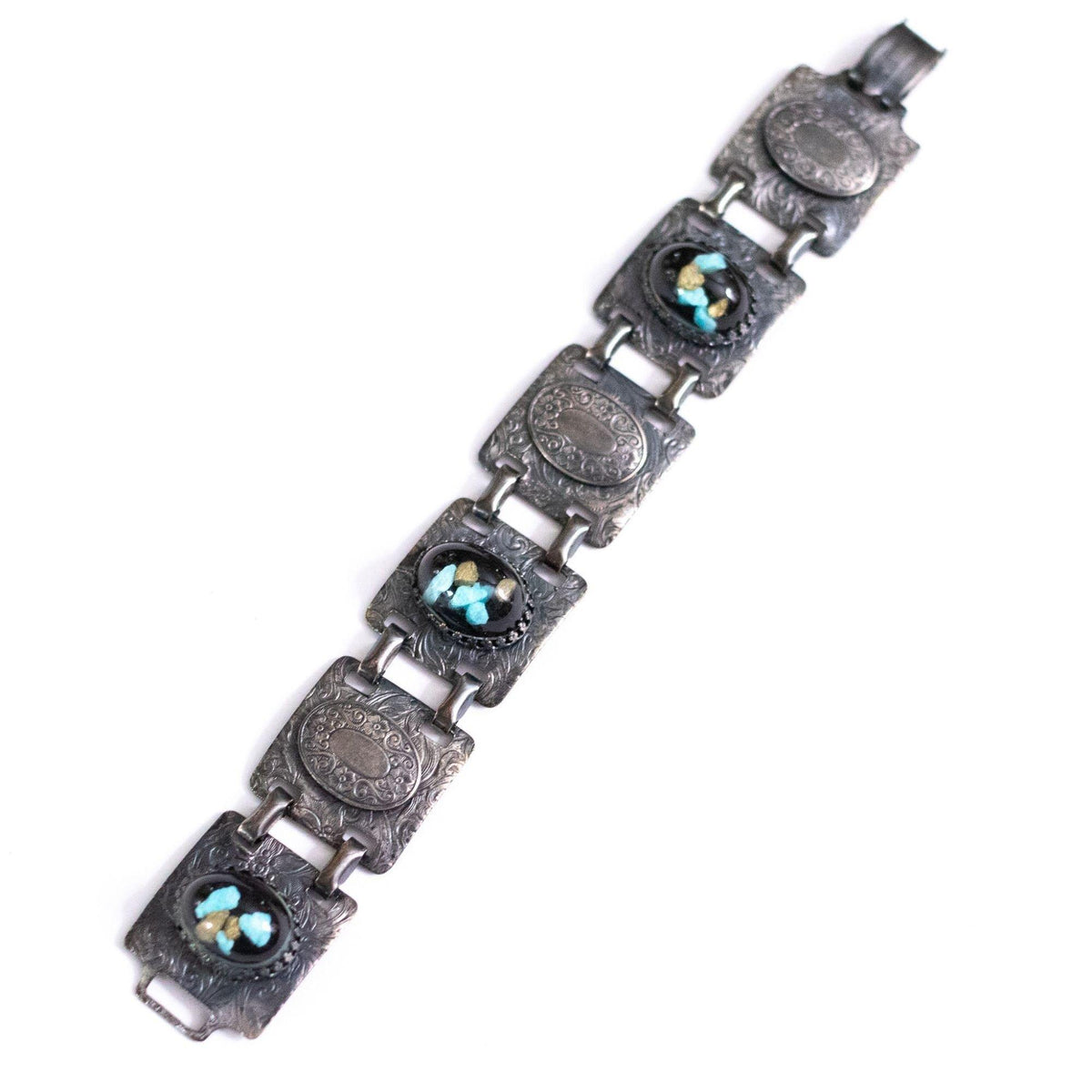Vintage Victorian Gothic Embossed Panel Bracelet with Turquoise, Gold Speckled Lucite Cabochons