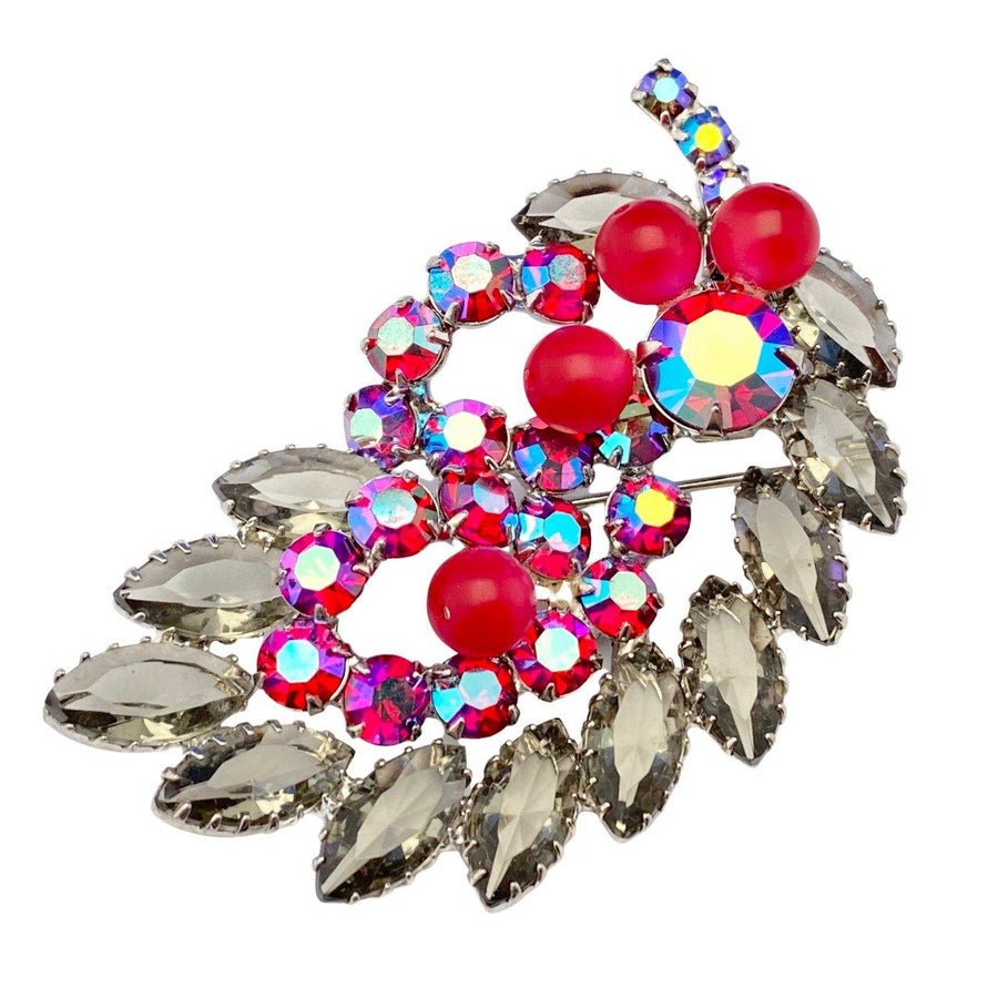 Vintage Smoke Rhinestone, Red Pink Rhinestone Brooch by Juliana - Vintage Meet Modern Vintage Jewelry - Chicago, Illinois - #oldhollywoodglamour #vintagemeetmodern #designervintage #jewelrybox #antiquejewelry #vintagejewelry