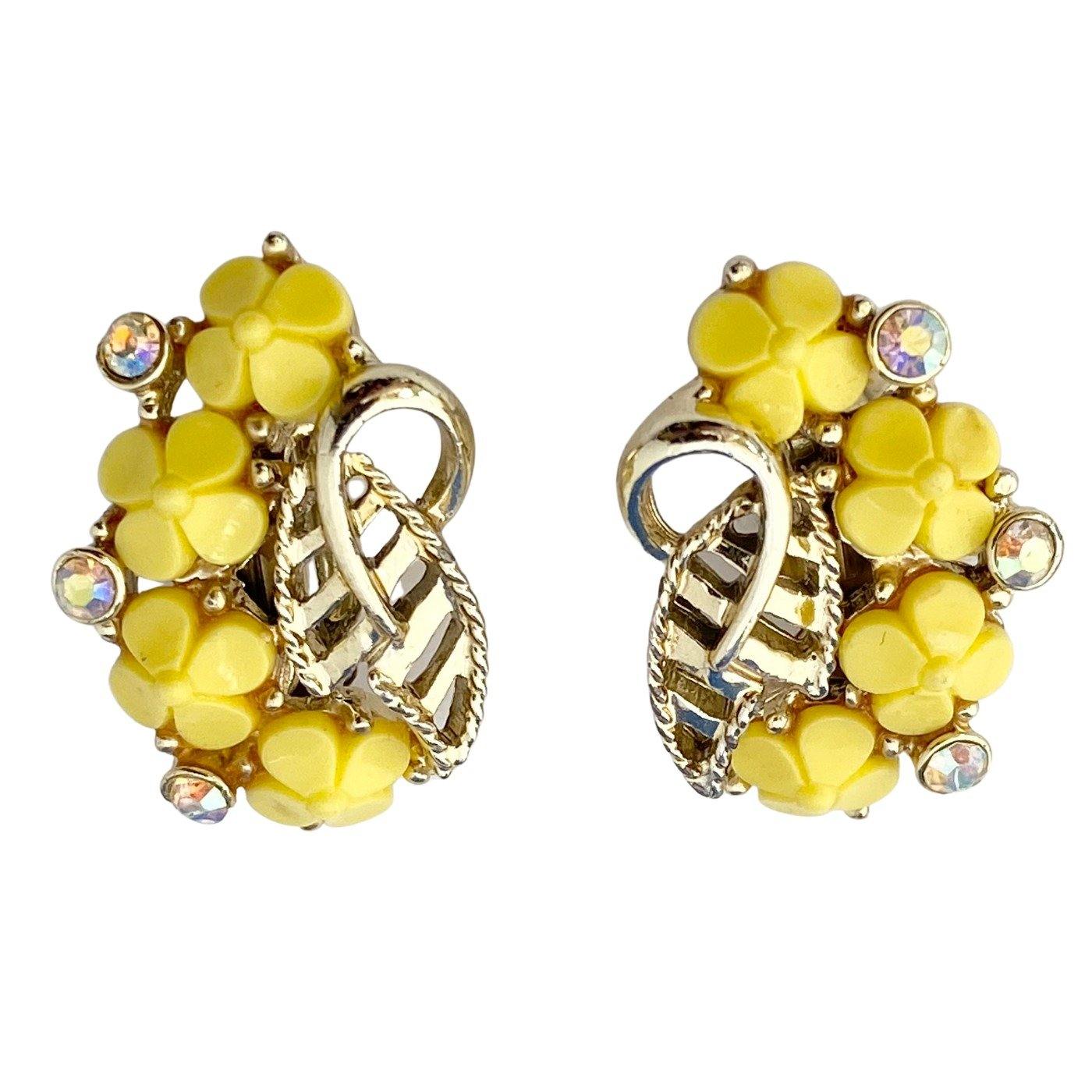 Yellow Daisy and Aurora Borealis Rhinestone Statement Earrings by Unsigned Beauty - Vintage Meet Modern Vintage Jewelry - Chicago, Illinois - #oldhollywoodglamour #vintagemeetmodern #designervintage #jewelrybox #antiquejewelry #vintagejewelry