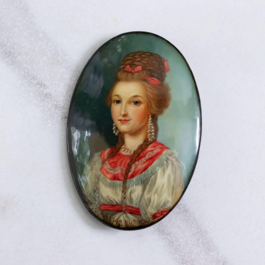 Vintage Russian Lacquer Hand Painted Princess Brooch by Made in Russian - Vintage Meet Modern Vintage Jewelry - Chicago, Illinois - #oldhollywoodglamour #vintagemeetmodern #designervintage #jewelrybox #antiquejewelry #vintagejewelry