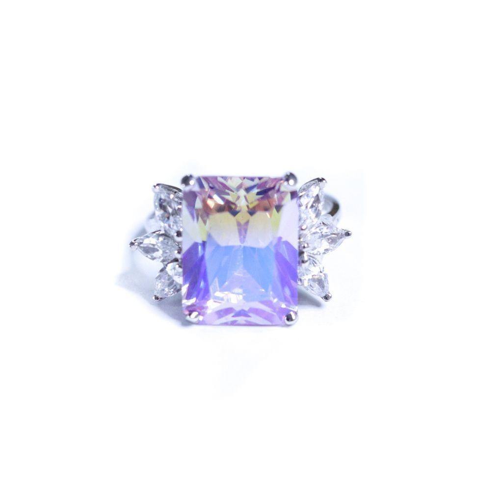 Vintage Huge Aurora Borealis Crystal Cocktail Ring with Marquise CZ Side Stones by Unsigned Beauty - Vintage Meet Modern Vintage Jewelry - Chicago, Illinois - #oldhollywoodglamour #vintagemeetmodern #designervintage #jewelrybox #antiquejewelry #vintagejewelry