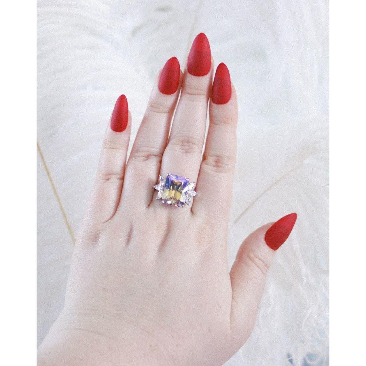 Vintage Huge Aurora Borealis Crystal Cocktail Ring with Marquise CZ Side Stones by Unsigned Beauty - Vintage Meet Modern Vintage Jewelry - Chicago, Illinois - #oldhollywoodglamour #vintagemeetmodern #designervintage #jewelrybox #antiquejewelry #vintagejewelry