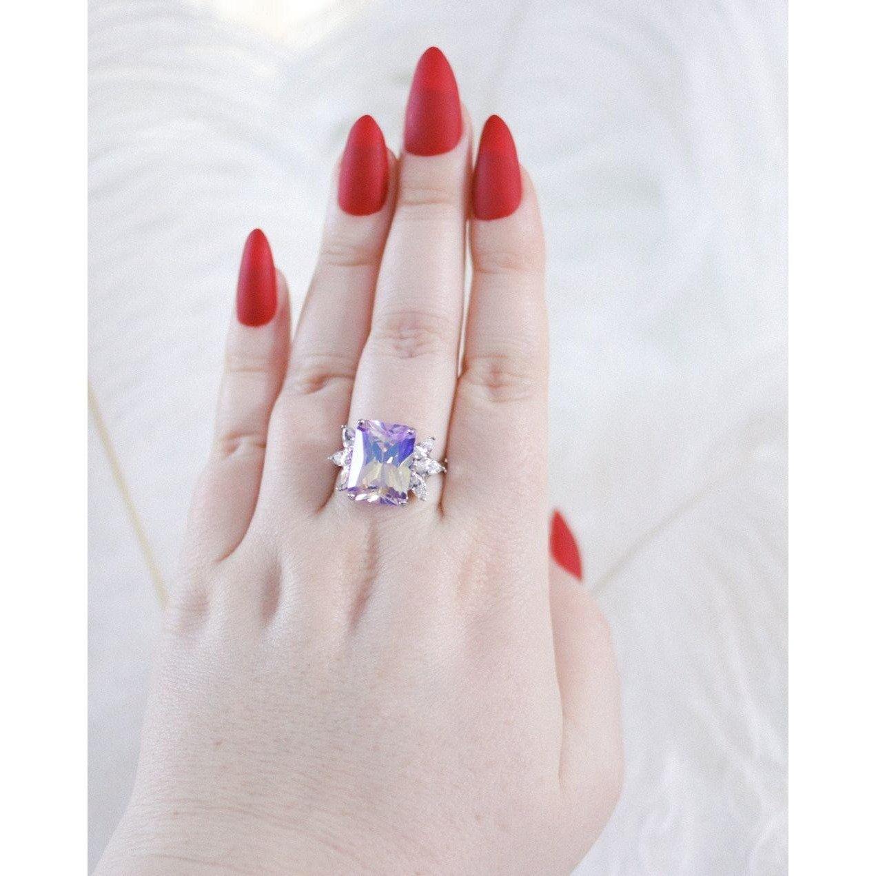 Vintage Huge Aurora Borealis Crystal Cocktail Ring with Marquise CZ Side Stones by Unsigned Beauty - Vintage Meet Modern Vintage Jewelry - Chicago, Illinois - #oldhollywoodglamour #vintagemeetmodern #designervintage #jewelrybox #antiquejewelry #vintagejewelry