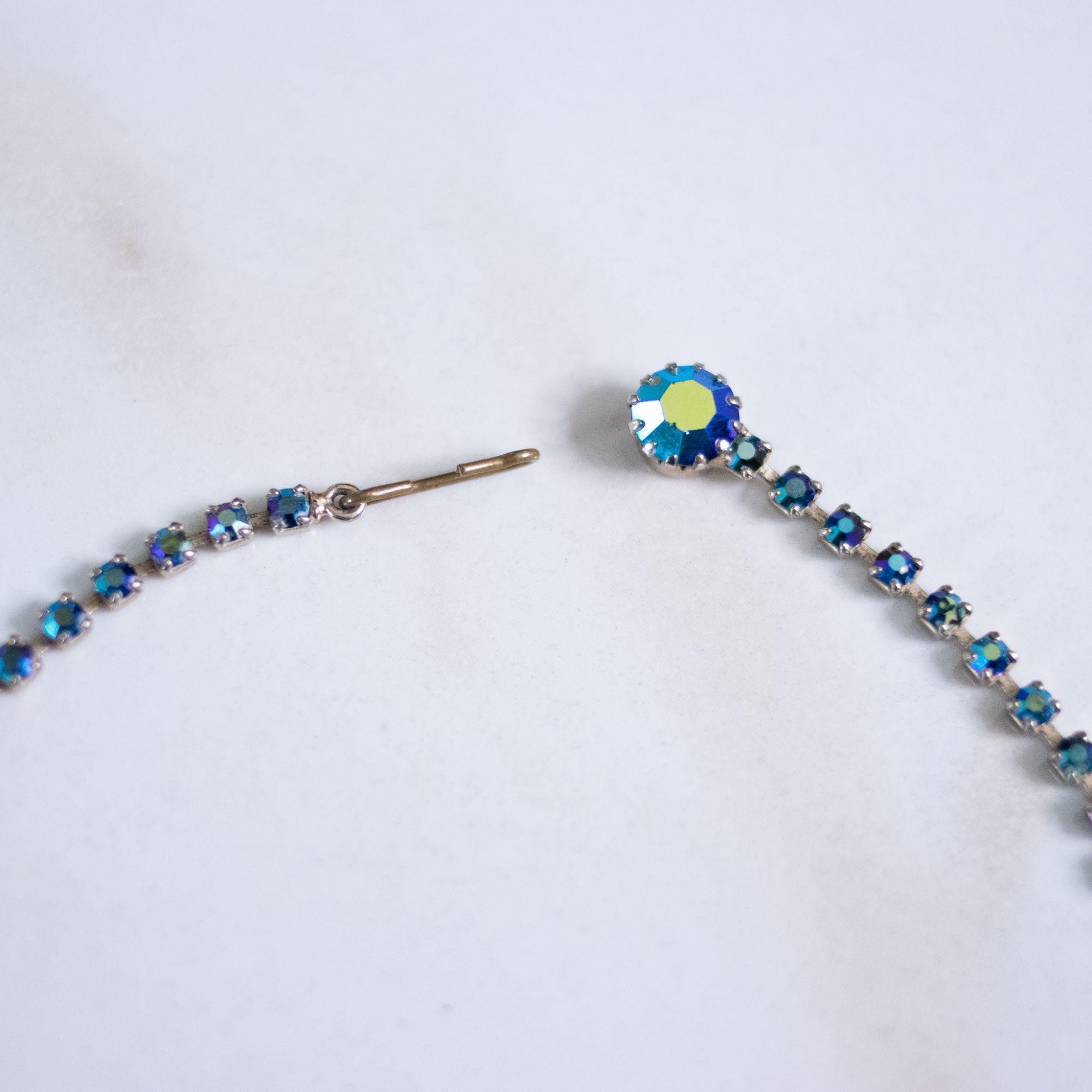 Vintage Unsigned Weiss Blue Green Peacock Aurora Borealis Rhinestone Necklace by Unsigned Weiss - Vintage Meet Modern Vintage Jewelry - Chicago, Illinois - #oldhollywoodglamour #vintagemeetmodern #designervintage #jewelrybox #antiquejewelry #vintagejewelry