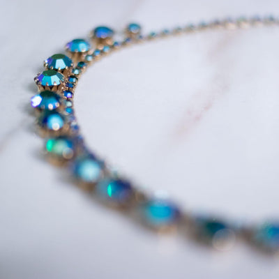 Vintage Unsigned Weiss Blue Green Peacock Aurora Borealis Rhinestone Necklace by Unsigned Weiss - Vintage Meet Modern Vintage Jewelry - Chicago, Illinois - #oldhollywoodglamour #vintagemeetmodern #designervintage #jewelrybox #antiquejewelry #vintagejewelry