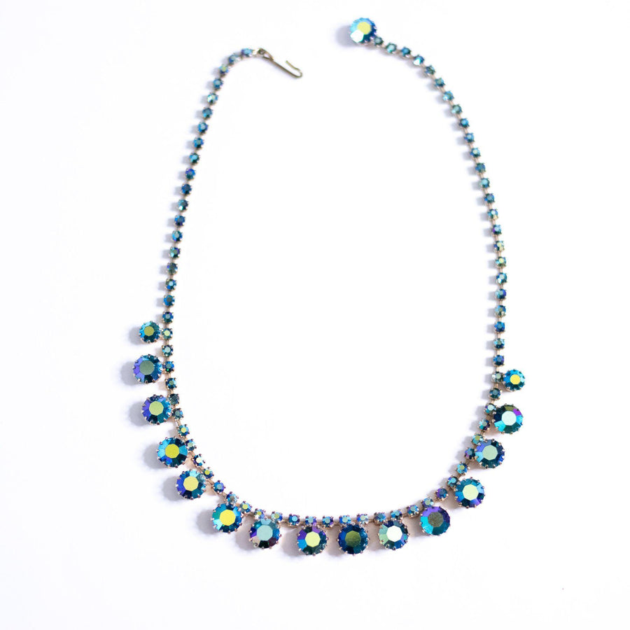 Vintage Unsigned Weiss Blue Green Peacock Aurora Borealis Rhinestone Necklace by Unsigned Weiss - Vintage Meet Modern Vintage Jewelry - Chicago, Illinois - #oldhollywoodglamour #vintagemeetmodern #designervintage #jewelrybox #antiquejewelry #vintagejewelry