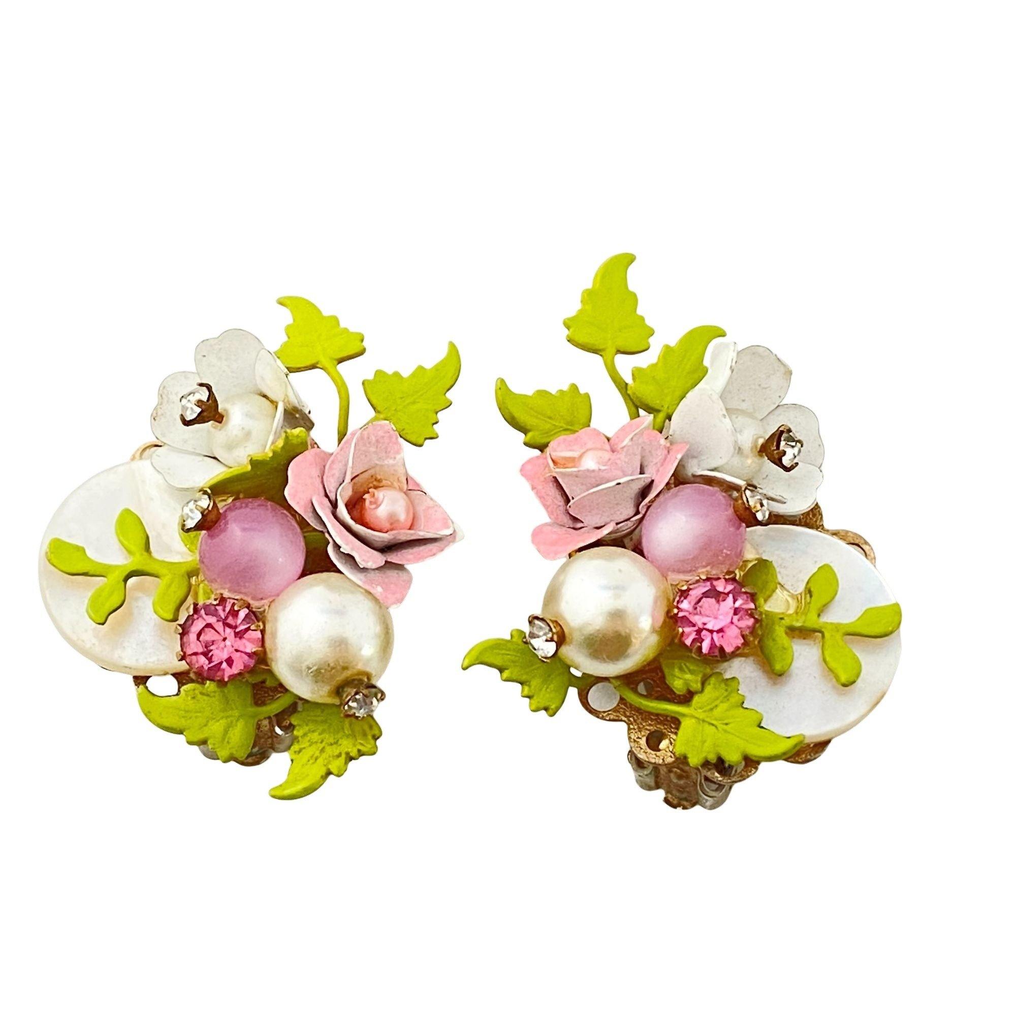Vintage Pink Flower, Pearl, and Rhinestone Cluster Statement Earrings by Unsigned Beauty - Vintage Meet Modern Vintage Jewelry - Chicago, Illinois - #oldhollywoodglamour #vintagemeetmodern #designervintage #jewelrybox #antiquejewelry #vintagejewelry