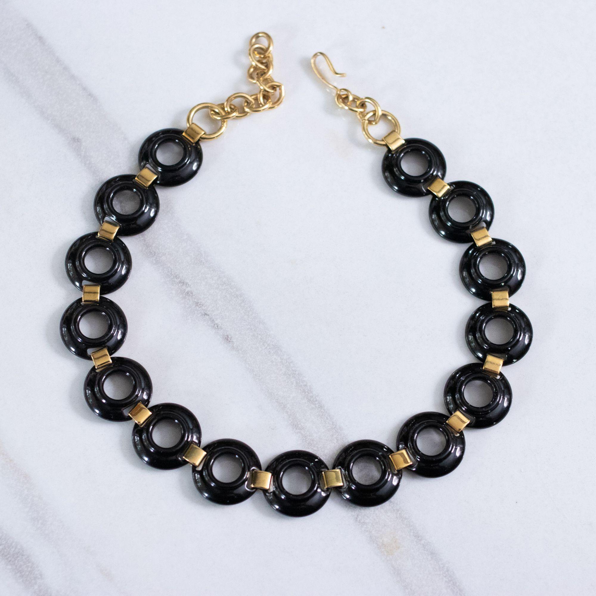 Vintage Monet Black Enameled Disc Necklace by Monet - Vintage Meet Modern Vintage Jewelry - Chicago, Illinois - #oldhollywoodglamour #vintagemeetmodern #designervintage #jewelrybox #antiquejewelry #vintagejewelry