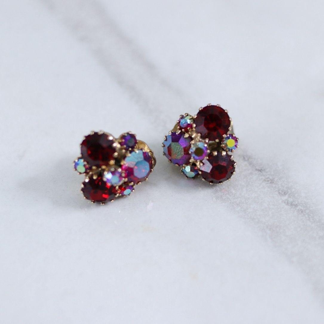 Vintage Weiss Red Aurora Borealis Earrings by Weiss - Vintage Meet Modern Vintage Jewelry - Chicago, Illinois - #oldhollywoodglamour #vintagemeetmodern #designervintage #jewelrybox #antiquejewelry #vintagejewelry