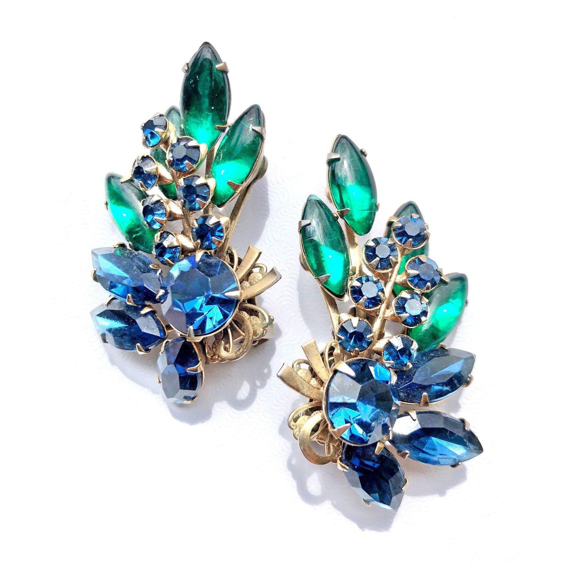 Vintage Blue and Green Ear Crawler Rhinestone Statement Earrings by Unsigned Beauty - Vintage Meet Modern Vintage Jewelry - Chicago, Illinois - #oldhollywoodglamour #vintagemeetmodern #designervintage #jewelrybox #antiquejewelry #vintagejewelry