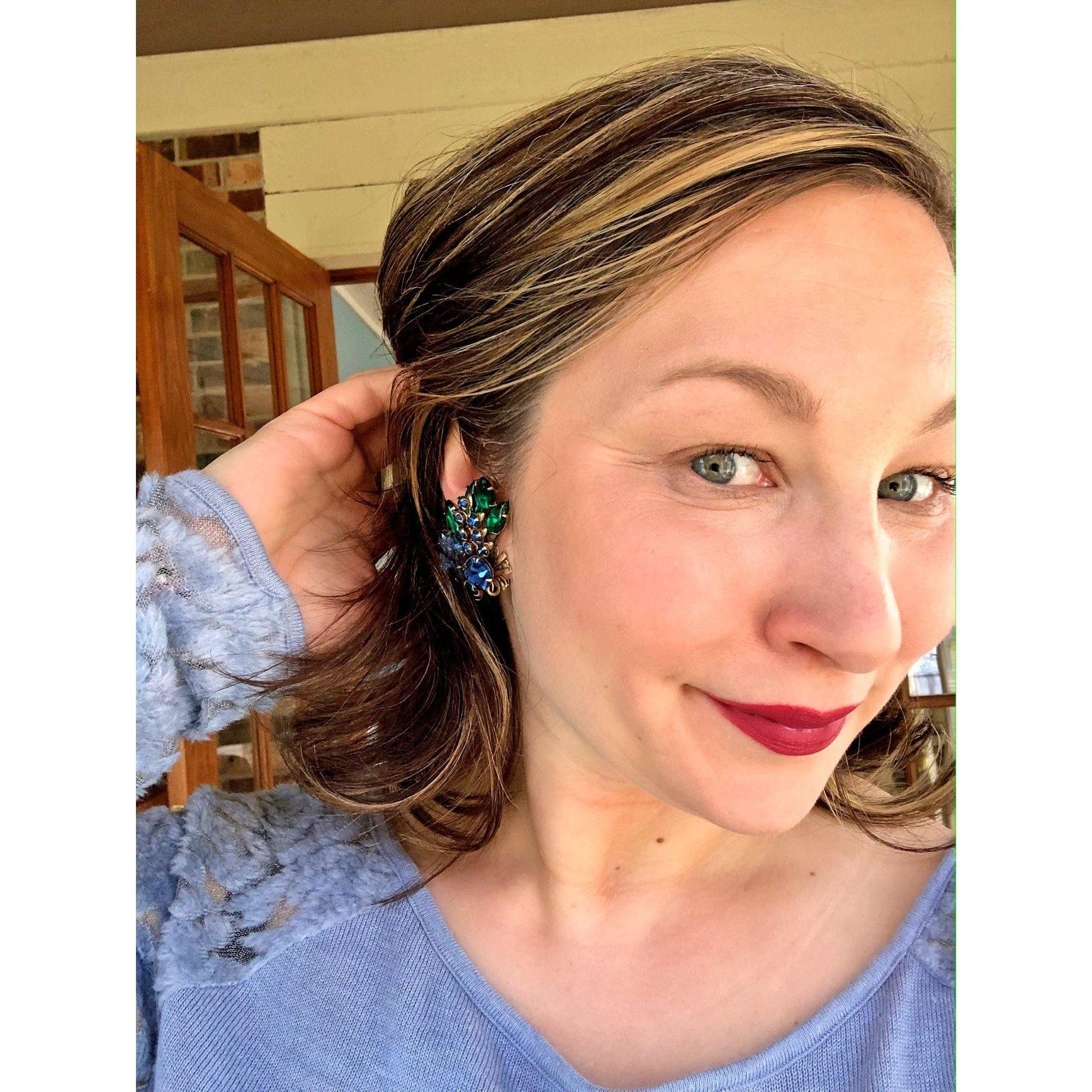 Vintage Blue and Green Ear Crawler Rhinestone Statement Earrings by Unsigned Beauty - Vintage Meet Modern Vintage Jewelry - Chicago, Illinois - #oldhollywoodglamour #vintagemeetmodern #designervintage #jewelrybox #antiquejewelry #vintagejewelry
