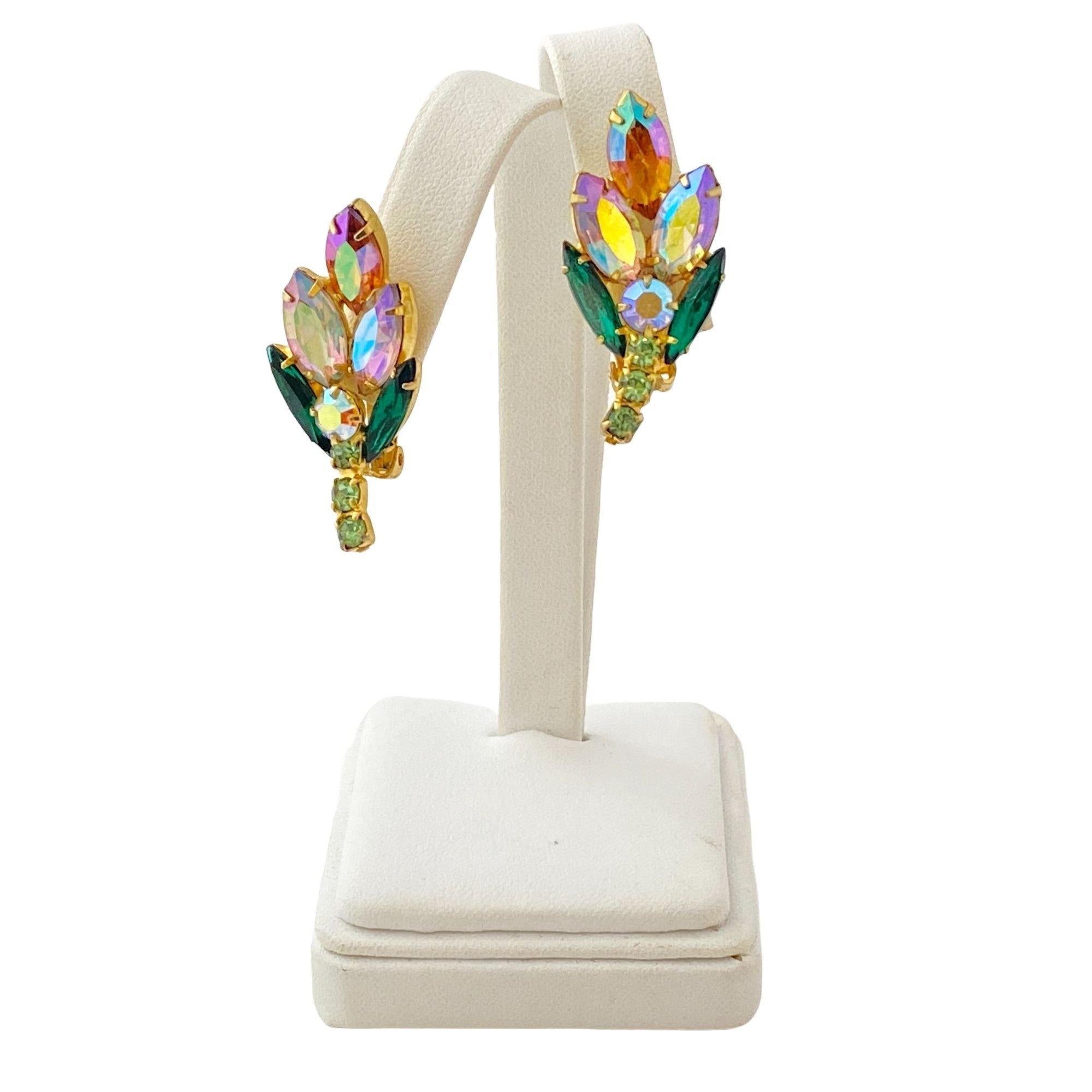 Vintage Aurora Borealis Rhinestone Flower Statement Earrings by Unsigned Beauty - Vintage Meet Modern Vintage Jewelry - Chicago, Illinois - #oldhollywoodglamour #vintagemeetmodern #designervintage #jewelrybox #antiquejewelry #vintagejewelry