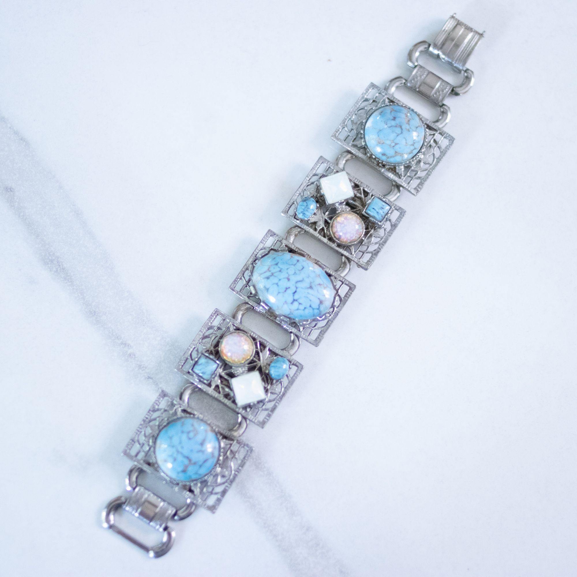 Vintage Chunky Silver Panel Bracelet with Turquoise Art Glass, Dragons Breath, and Opaline Glass Cabochons by Unsigned Beauty - Vintage Meet Modern Vintage Jewelry - Chicago, Illinois - #oldhollywoodglamour #vintagemeetmodern #designervintage #jewelrybox #antiquejewelry #vintagejewelry