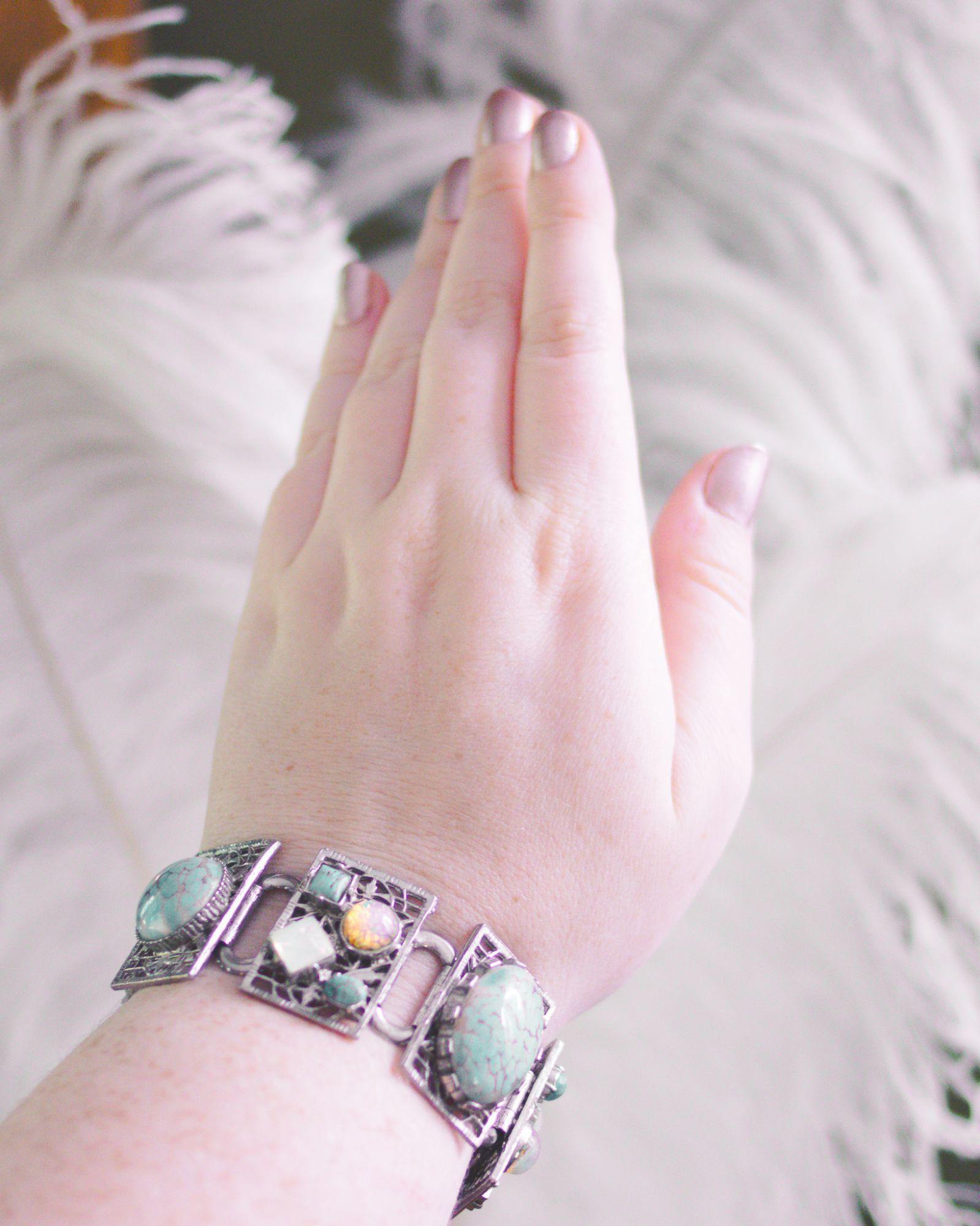 Vintage Chunky Silver Panel Bracelet with Turquoise Art Glass, Dragons Breath, and Opaline Glass Cabochons by Unsigned Beauty - Vintage Meet Modern Vintage Jewelry - Chicago, Illinois - #oldhollywoodglamour #vintagemeetmodern #designervintage #jewelrybox #antiquejewelry #vintagejewelry