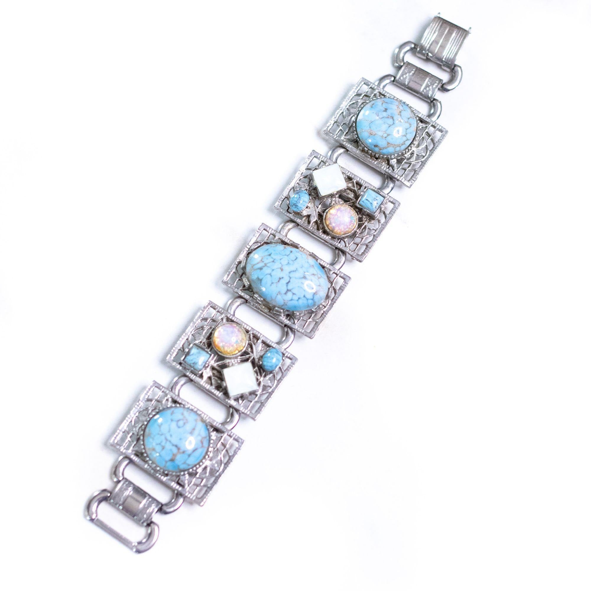 Vintage Chunky Silver Panel Bracelet with Turquoise Art Glass, Dragons Breath, and Opaline Glass Cabochons by Unsigned Beauty - Vintage Meet Modern Vintage Jewelry - Chicago, Illinois - #oldhollywoodglamour #vintagemeetmodern #designervintage #jewelrybox #antiquejewelry #vintagejewelry