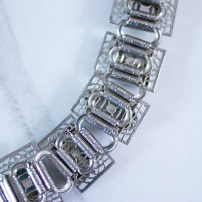 Vintage Chunky Silver Panel Bracelet with Turquoise Art Glass, Dragons Breath, and Opaline Glass Cabochons by Unsigned Beauty - Vintage Meet Modern Vintage Jewelry - Chicago, Illinois - #oldhollywoodglamour #vintagemeetmodern #designervintage #jewelrybox #antiquejewelry #vintagejewelry